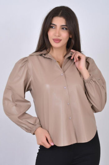 قميص جلد نسائي بأكمام منفوشة