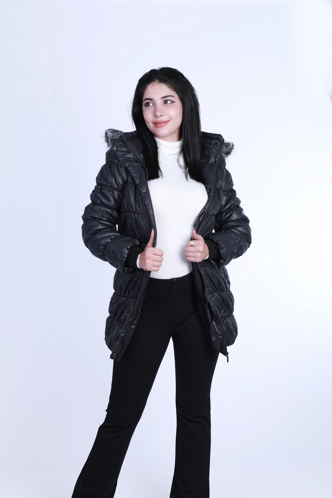 1 جاكيت شتوي نفخ مقاوم للمطر مع قبعة فرو – تصميم طويل دافئ