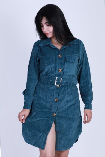 فستان كوردروي شتوي قصير مع حزام – أزرار أمامية وتصميم عملي