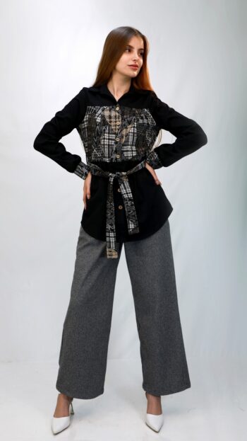 قميص طويل بنقشة كاروه مع حزام